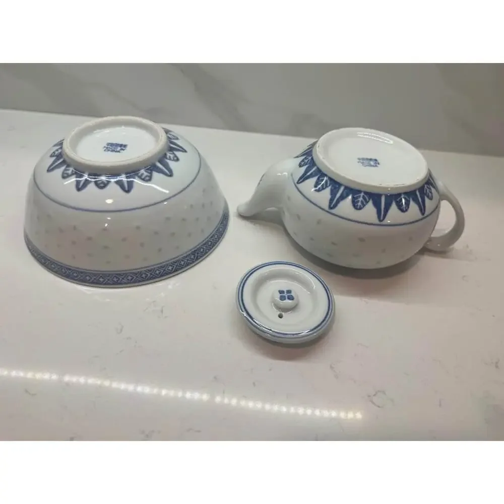Vintage Chinese Rice Grain Blue and White Set - Teapot With Lid & Serving Bowl